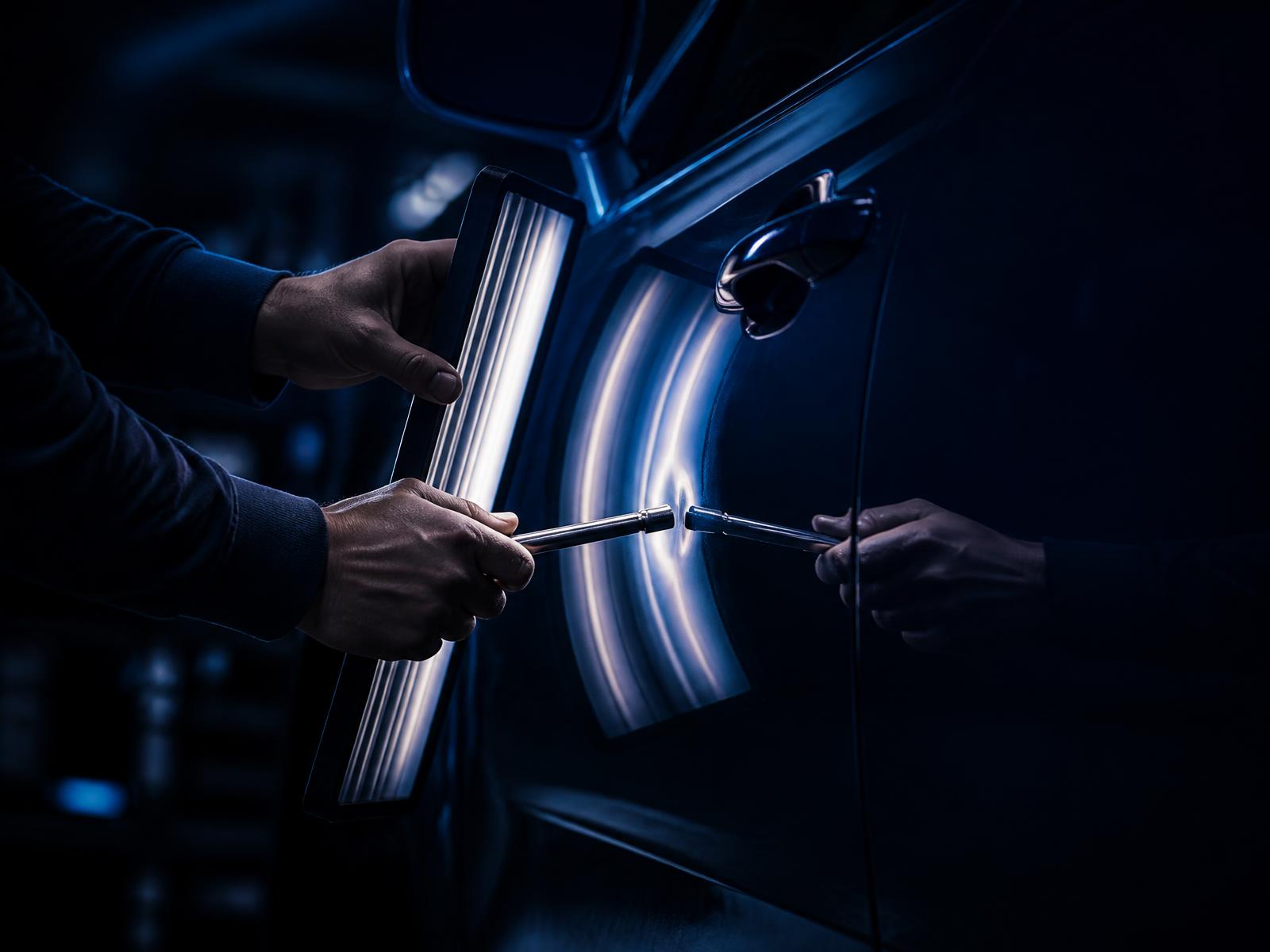 Technician using a paintless dent repair rod and reflection board on a car door